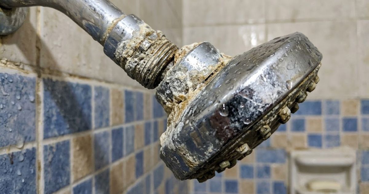 Hard water mineral buildup on a faucet
