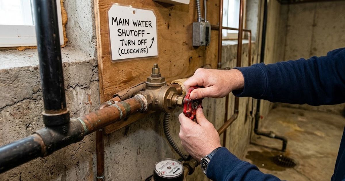 Homeowner shutting off the main water valve