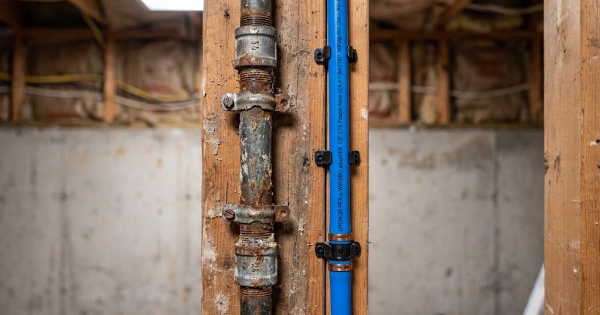 Old galvanized pipe compared to new PEX pipe