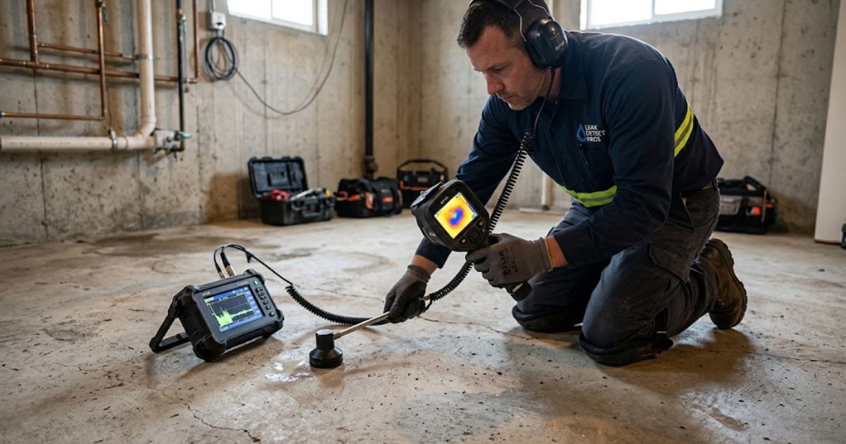 Slab leak detection equipment on a concrete floor
