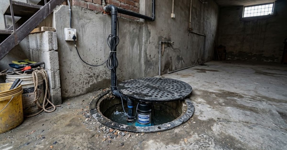 Sump pump pit in a basement