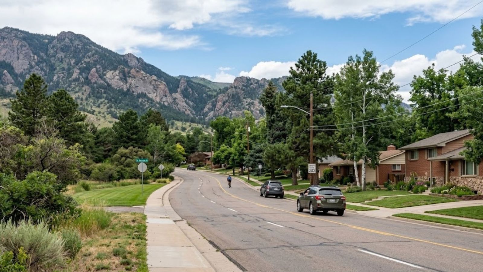A tree-lined residential street in the Denver metro area